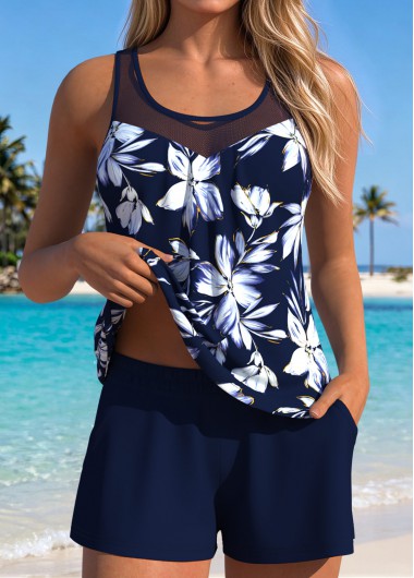 women clothes image of Navy Mid Waisted Two-piece Floral Print Tankini Set