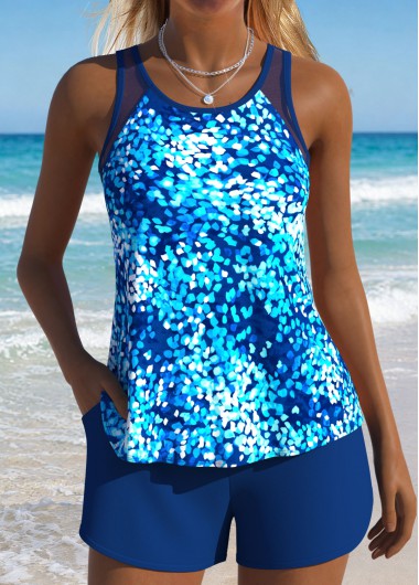 women clothes image of Blue Mid Waisted Fake 2in1 Graffiti Print Tankini Set