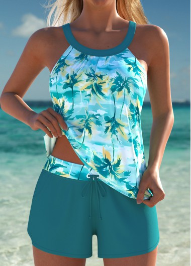women clothes image of Turquoise Mid Waisted Patchwork Tropical Plants Print Tankini Set