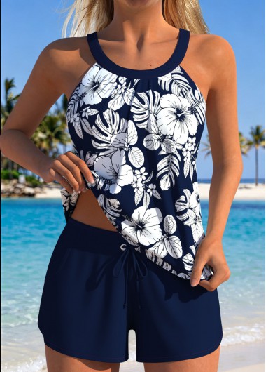 women clothes image of Navy Mid Waisted Patchwork Floral Print Tankini Set
