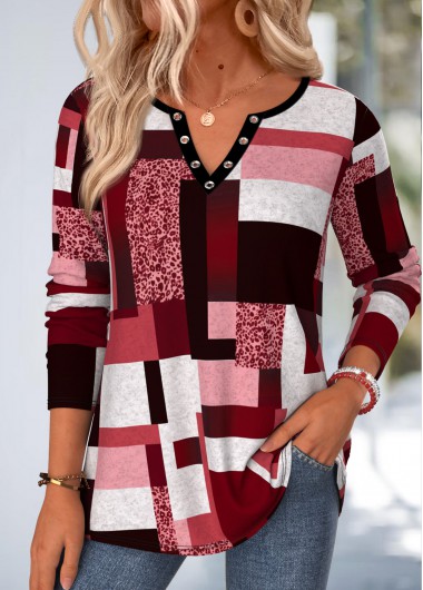 women clothes image of Red Geometric Print Eyelet Long Sleeve T Shirt