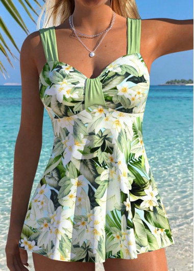 women clothes image of Sage Green Mid Waisted Two-piece Floral Print Tankini Set