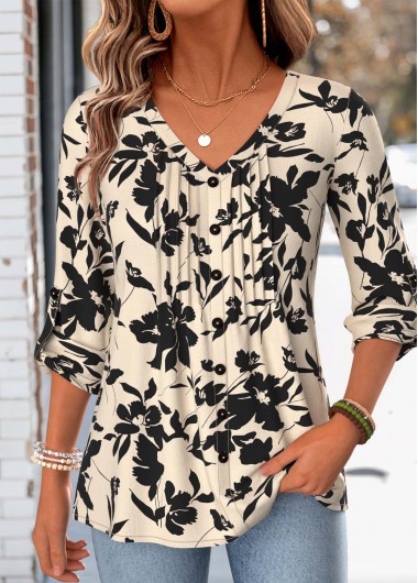 women clothes image of Multi Color Floral Print Tuck Stitch Long Sleeve Blouse