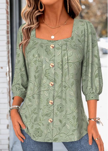 women clothes image of Green Floral Print Pleated 3/4 Sleeve Square Neck Blouse