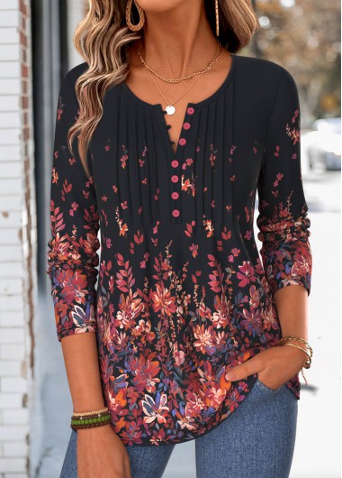women clothes image of Multi Color Floral Print Tuck Stitch T Shirt