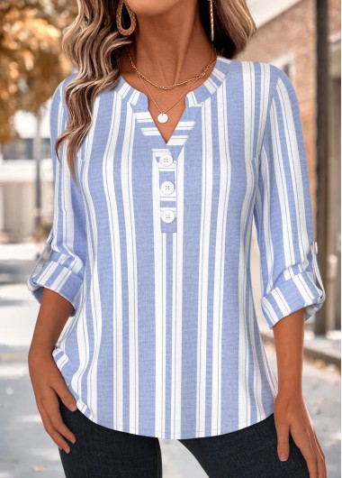 women clothes image of Blue Striped Button Long Sleeve Split Neck Blouse