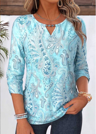 women clothes image of Mint Green Paisley Print Shirred 3/4 Sleeve Blouse