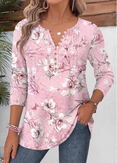 women clothes image of Pink Floral Print Tuck Stitch Long Sleeve T Shirt