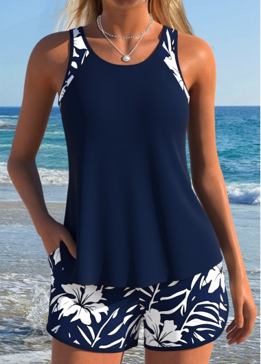 women clothes image of Navy Mid Waisted Patchwork Floral Print Tankini Set