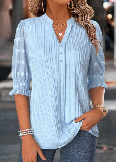women clothes image of Light Blue Ruffle Half Sleeve Split Neck Blouse