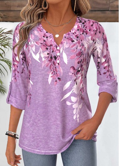 women clothes image of Purple Floral Print Curved Hem 3/4 Sleeve Blouse