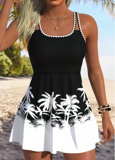 women clothes image of Black Tropical Plants Print Scoop Neck Tankini Set