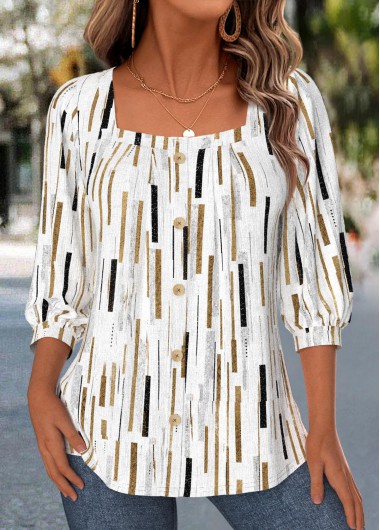 women clothes image of White Geometric Print Pleated 3/4 Sleeve Square Neck Blouse