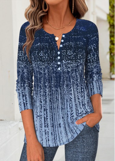 women clothes image of Dark Blue Tribal Print Tuck Stitch T Shirt
