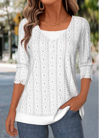women clothes image of White Fake 2in1 Long Sleeve V Neck T Shirt