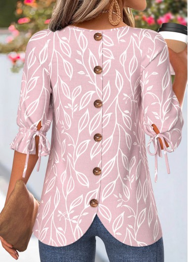 women clothes image of Pink Leaf Print Curved Hem Half Sleeve T Shirt