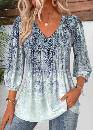 women clothes image of Multi Color Tribal Print Curved Hem 3/4 Sleeve Blouse
