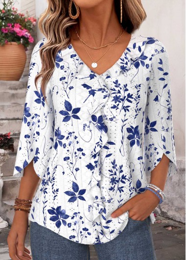 women clothes image of Blue Leaf Print Ruffle 3/4 Sleeve V Neck Blouse
