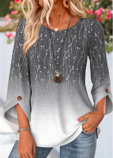 women clothes image of Light Grey Ombre Button 3/4 Sleeve Round Neck Blouse