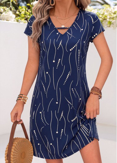 women clothes image of Navy Geometric Print Short Tummy Coverage V Neck Dress
