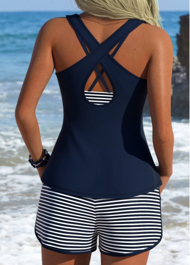 women clothes image of Navy Mid Waisted Three-piece Striped Tankini Set
