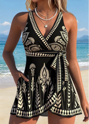 women clothes image of Black Layered Bohemian Print One Piece Swimdress