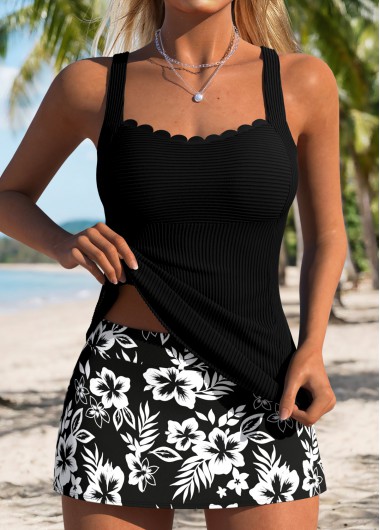 women clothes image of Black Mid Waisted Tummy Coverage Floral Print Tankini Set