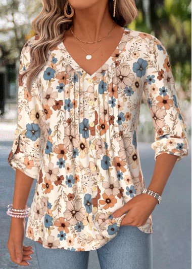 women clothes image of Beige Floral Print Tuck Stitch Long Sleeve Blouse