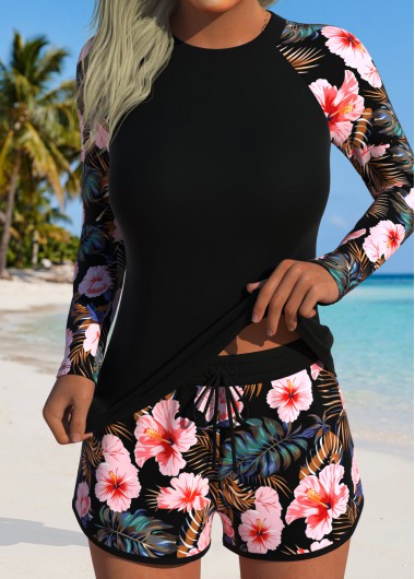 women clothes image of Black Mid Waisted Floral Print Tankini Set