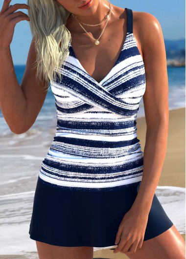 women clothes image of Navy Mid Waisted Surplice Striped Tankini Set