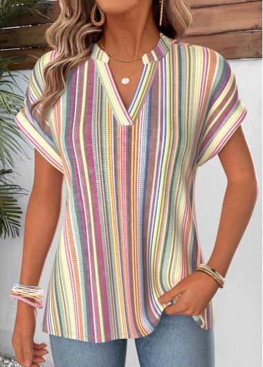 women clothes image of Multi Color Striped Tummy Coverage Short Sleeve Blouse