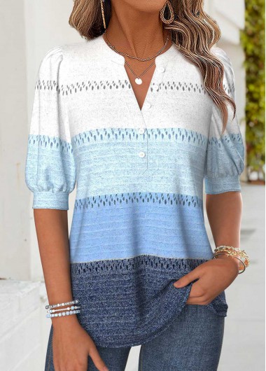 women clothes image of Blue Geometric Print Curved Hem Half Sleeve Blouse