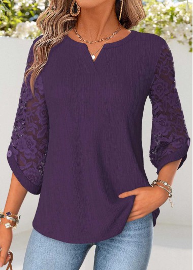 women clothes image of Purple Curved Hem 3/4 Sleeve Split Neck Blouse