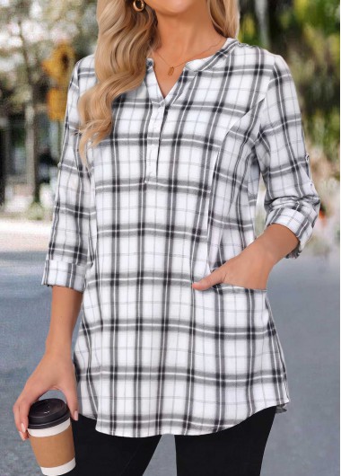 women clothes image of Raw White Plaid Double Side Pockets Bracelet Sleeve Blouse