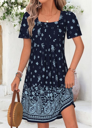 women clothes image of Navy Paisley Print Short Tummy Coverage Square Neck Dress