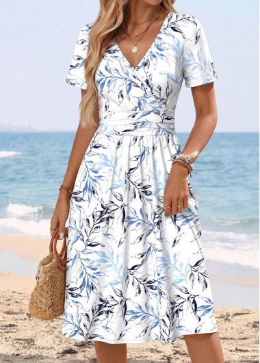 women clothes image of White Leaf Print Double Side Pockets Short Sleeve Dress