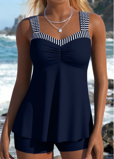 women clothes image of Navy Mid Waisted Two-piece Striped Tankini Set