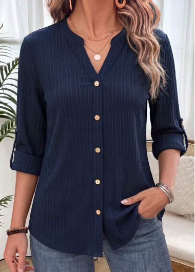 women clothes image of Navy Tummy Coverage Long Sleeve Split Neck Shirt