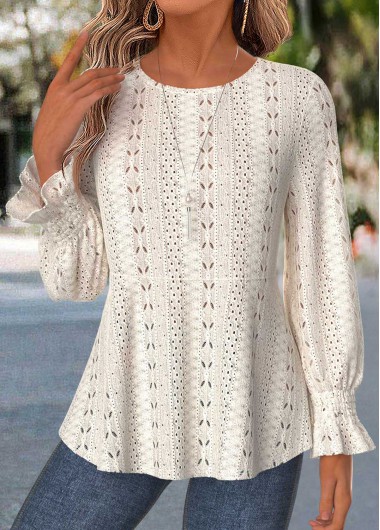 women clothes image of Beige Smocked Long Sleeve Round Neck Blouse