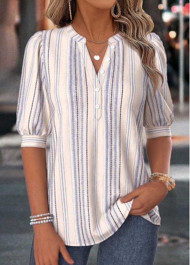 women clothes image of Beige Striped Curved Hem Half Sleeve Split Neck Blouse