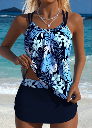 women clothes image of Navy Mid Waisted Two-piece Floral Print Tankini Set