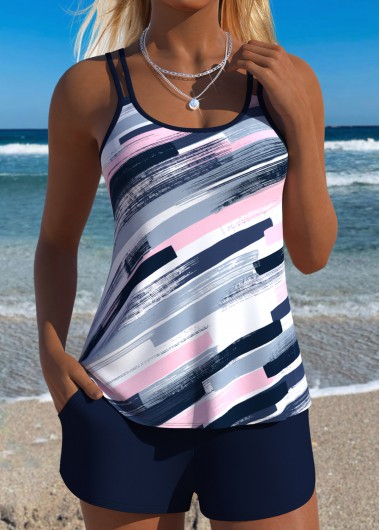 women clothes image of Navy Mid Waisted Patchwork Graffiti Print Tankini Set