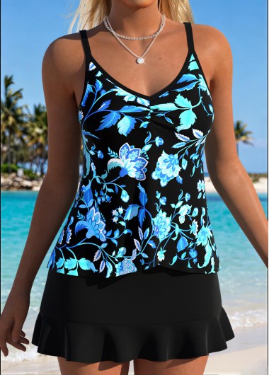 women clothes image of Black Mid Waisted Two-piece Floral Print Tankini Set