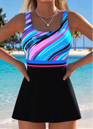 women clothes image of Black Tummy Coverage Striped One Piece Swimdress