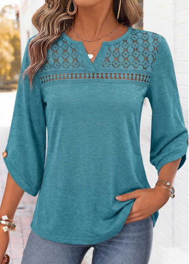 women clothes image of Turquoise Patchwork 3/4 Sleeve Split Neck Blouse