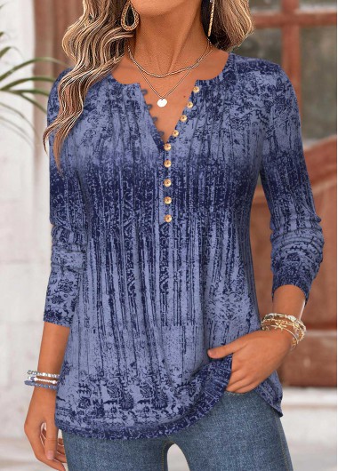 women clothes image of Blue Tribal Print Tuck Stitch Long Sleeve T Shirt