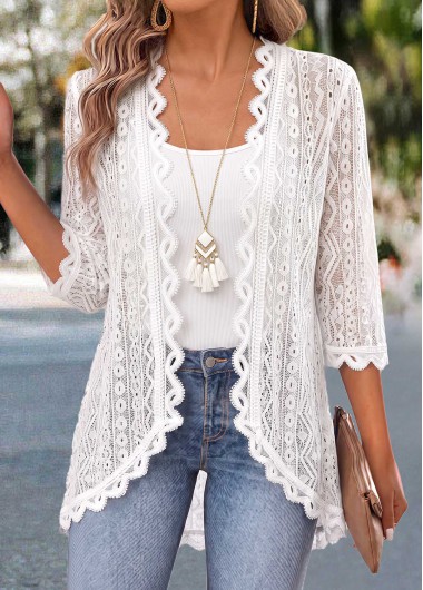 women clothes image of Raw White Curved Hem 3/4 Sleeve Lightweight Cardigan