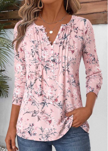 women clothes image of Pink Floral Print Tuck Stitch Long Sleeve T Shirt