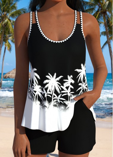 women clothes image of Black Mid Waisted Curved Hem Tankini Set