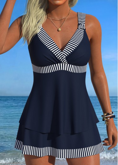 women clothes image of Navy Mid Waisted Ruched Striped Tankini Set